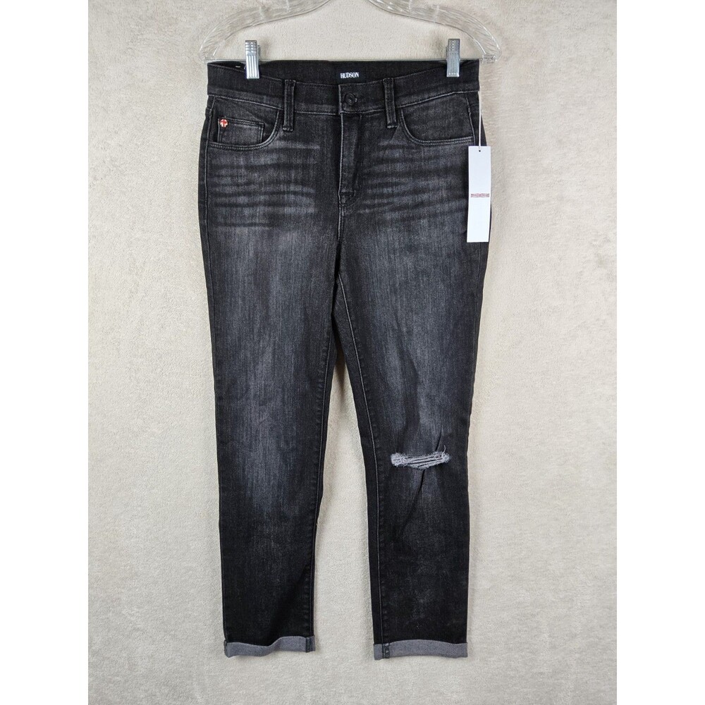 Hudson Natalie Midrise Slim Boyfriend Crop Distressed Black Denim Jeans Size 25